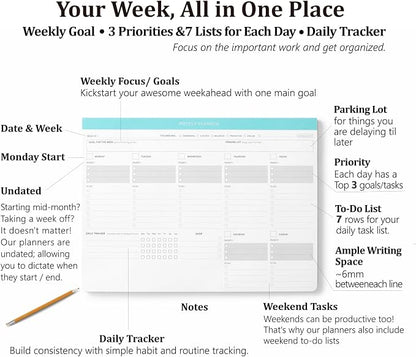 Undated Weekly Desk Planner with Habit Tracker-A4 Minimalist Daily To-Do List Notepad with Task Checklist, Priority Checkboxes & Notes, Dashboard Notebook for Office Organization & Work Productivity