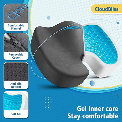 CloudBliss Gel Seat Cushion - Cooling Gel Enhanced, Memory Foam, Ergonomic Seat Cushion for Long Sitting for Office, Game, Car, Airplane (X-Large, Grey)