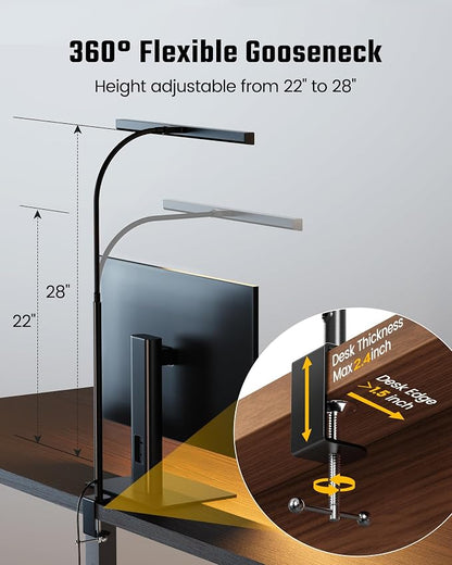 SUPERDANNY LED Desk Lamp for Office Home, Eye-Caring Desk Light with Adjustable Gooseneck, 12W Touch Control Dimmable Brightness, Architect Clamp Lamp with USB Adapter for Reading Study Workbench