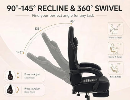 Office Desk Computer Gaming Chair for Adults, Ergonomic High Back Gamer Chair with Massage and Pocket Spring Cushion, Swivel Comfy Video Game Chairs with Footrest and Lumbar Support (Pro Black)
