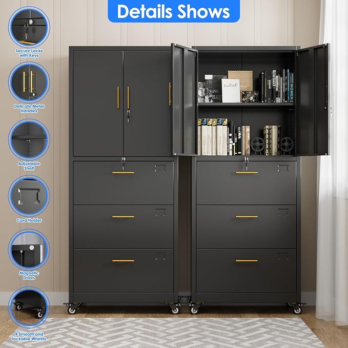 METAN Metal Storage Cabinet with 3 Drawers and 2 Doors, Lockable Rolling File Organizer on Wheels for Home Office, for Letter/Legal Size,Black, Assembly Required