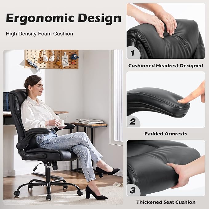 DUMOS PU Leather Office Chair - Ergonomic Executive Computer Desk Chairs with Adjustable Flip-up Armrest, Swivel Task Chair with Lumbar Support, Strong Metal Base,Inky