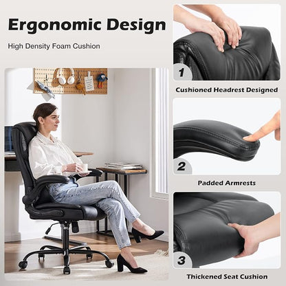 DUMOS Office Chair Set of 2 - Ergonomic Executive Computer Desk Chairs with Adjustable Flip-up Armrest, Swivel Task Chair with Lumbar Support, Strong Metal Base, PU Leather, Black