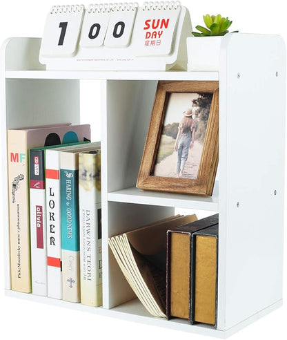 PAG Desktop Shelf Freestanding Wood Small Bookshelf Desk Supplies Organizers and Accessories Storage Display Rack Office Decor for Women, White