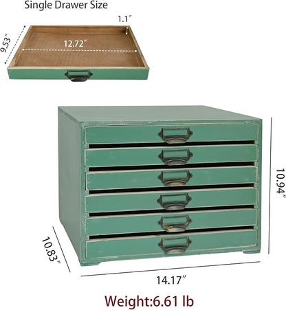 Vintage 6-Drawer Wooden Desktop Organizer Cabinet, Rustic Distressed Wood Card Catalog Cabinet, Antique Storage Box for Jewelry Cosmetics Craft Paper Home Office Decor (Green)