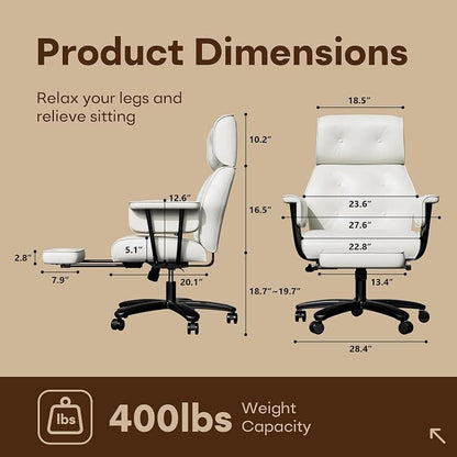 SeekFancy Reclining Criss Cross Office Chair with Wheels & Arms, White | Button-tufted PU leather; retractable footrest; 400 lbs capacity; 10% thickened wide cushion; retro executive design.
