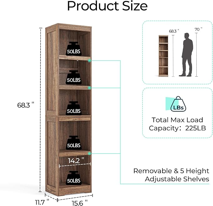 LINSY HOME 5-Shelf Bookcase, Narrow Bookshelves Floor Standing Display Storage Shelves 68 in Tall Bookcase Home Decor Furniture for Home Office, Living Room, Bed Room - Dark Brown