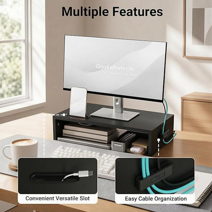 1home Monitor Stand Riser, 16.7 Inch Wood Monitor Riser Stand with Storage Organizer, Desktop Ergonomic Monitor Stand Riser with Cellphone Holder and Cable Management, Black