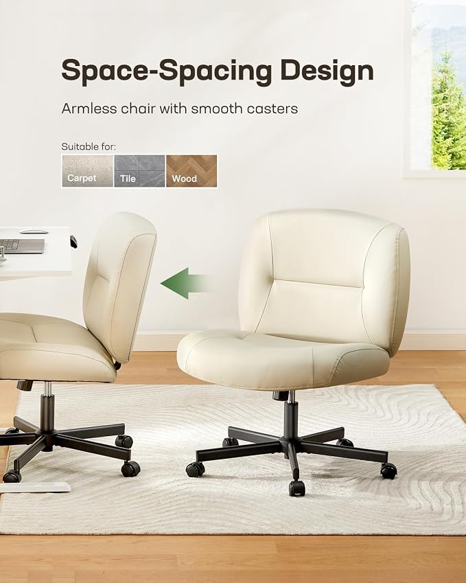 Marsail Modern Criss Cross Office Chair with Wheels, Armless, White PVC Leather, 26" W x 20" D x 42.1" H, 300 lbs Capacity, Ergonomic, Comfortable, Home Office, Computer, Reading, Relaxing, Drafting