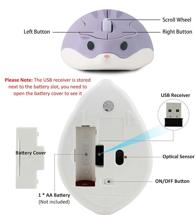 CHUYI Cute Hamster Wireless Silent Mouse Cartoon Portable Travel Mute Mouse 1200DPI Optical Cordless Quiet Animal Mice for Computer Laptop PC Gift (Purple)