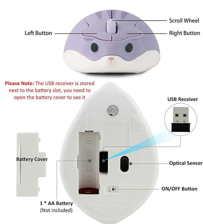 CHUYI Cute Hamster Wireless Silent Mouse Cartoon Portable Travel Mute Mouse 1200DPI Optical Cordless Quiet Animal Mice for Computer Laptop PC Gift (Purple)