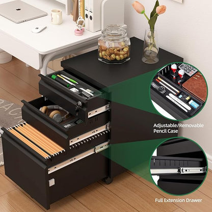 Filing Cabinets for Home Office, Printer Table with Caster, Lockable Office Cabinet with 3 Drawer, Small File Cabinet for Letters/A4, No Assembly Required, Black