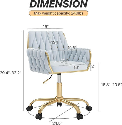 Velvet Modern Home Office Vanity Chair, 360° Swivel Adjustable Height Makeup Desk Chair with Golden Base and Hand Woven Backrest for Bedroom/Study/Vanity (Baby Blue)