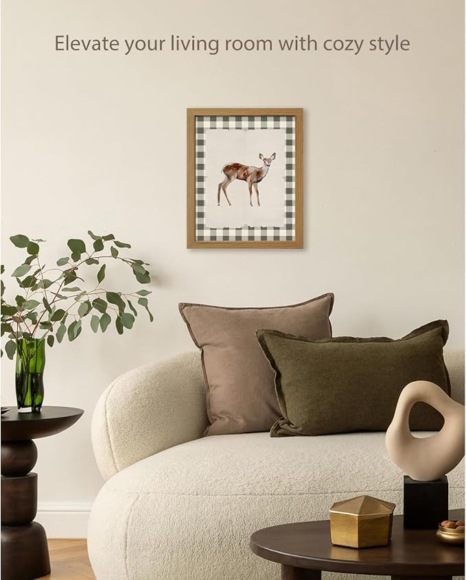CXQILVER Vintage Framed Deer Wall Art Canvas Painting, Woodland Fawn Prints Wall Decor, Green Gingham Rustic Farmhouse Animal Artwork Pictures for Living Room Bedroom Bathroom Nursery Decor 8x10 Inch