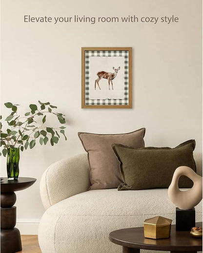 CXQILVER Vintage Framed Deer Wall Art Canvas Painting, Woodland Fawn Prints Wall Decor, Green Gingham Rustic Farmhouse Animal Artwork Pictures for Living Room Bedroom Bathroom Nursery Decor 8x10 Inch