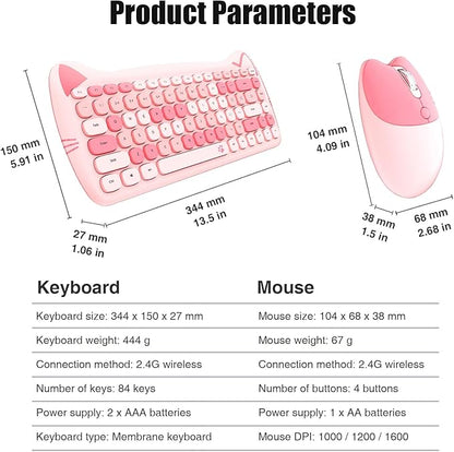 Cute Cat 2.4G USB Wireless Keyboard and Mouse Combo, Silent Keys, Candy Colors, Compatible with Notebook, PC (Pink-84Keys)