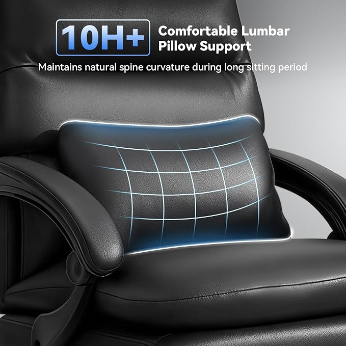 Holiwei Office Chair with Footrest, Big and Tall 400lbs Executive Desk Chair with Thickened Lumbar Support Pillow, High Back PU Leather Reclining Computer Chair, Ergonomic Swivel Task Chair, Black