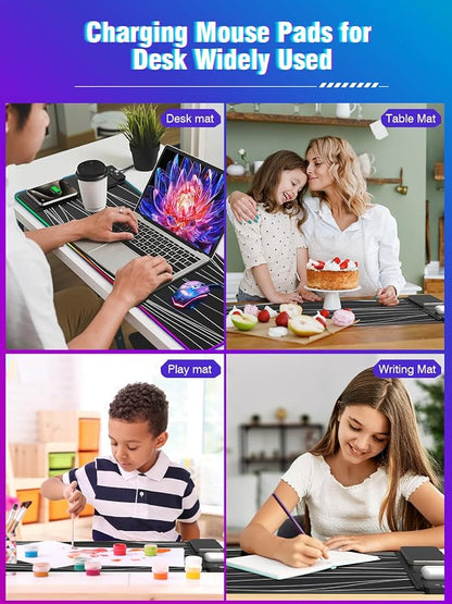 XXL Mouse Pad with Phone Holder - Black, RGB Desk Mat with 15W Fast Charging, LED Gaming Mousepad with 11 Light Colors, Waterproof Non-Slip Pad for Office & Home (Wave)