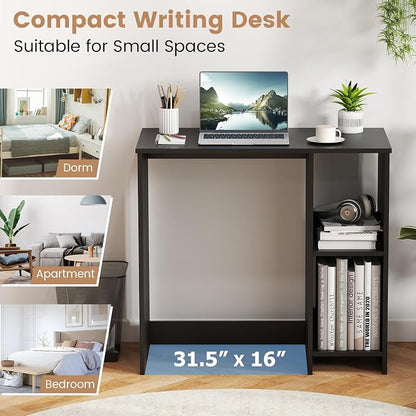Giantex Small Desk with Storage, 31.5 Inch Home Office Computer Desk with Shelves, Space Saving Study Writing Desk, Modern Simple Laptop Desk for Small Spaces (Black)