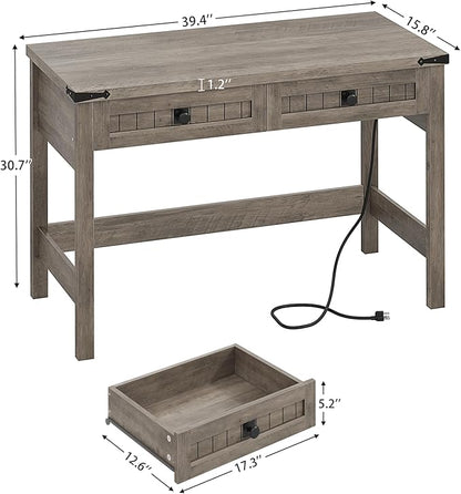 YOMILUVE Farmhouse Computer Desk with 2 Drawers, 39 Inch Small Computer Desk with Power Outlets, Home Office Desk Compact Writing Study Table for Small Spaces, Grey