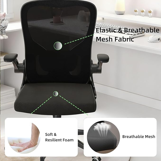 Ergonomic Office Chair, High-Back Mesh Computer Desk Chair with Adjustable Height, Lumbar Support, Flip-Up Armrests,and Swivel Rolling Design for Home and Office Use