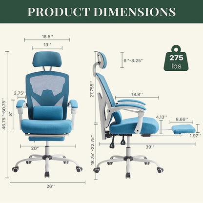 Ergonomic Office Chair with Footrest, High Back Home Desk Computer Chair with Lumbar Support & Headrest, 90-135° Reclining Mesh Back with Wheels for Work, Gaming, Blue