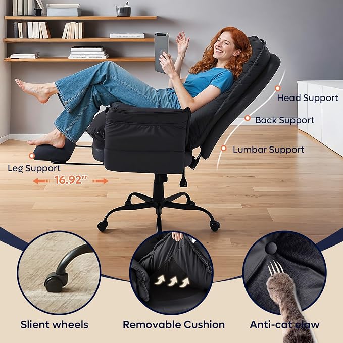 Bestier Cross Legged Office Chair with Footrest, High Back Criss Cross Chair with Reversible Armrests and Wheels, Big and Tall Reclining Office Chair for Home PU Leather Black