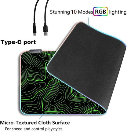 RGB Mouse Pad LED Desk Mat Large Gaming Mousepad Black and Green Line Design, Keyboard Pad XL Mouse Mat for Home and Office