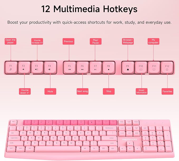 memzuoix Wireless Keyboard and Mouse Combo, 2.4G Full-Size Ergonomic Set with 1400 DPI Mouse, Lag-Free USB Receiver, 6-Month Battery Life for PC/Laptop/Windows/Mac (Pink)