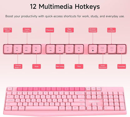 memzuoix Wireless Keyboard and Mouse Combo, 2.4G Full-Size Ergonomic Set with 1400 DPI Mouse, Lag-Free USB Receiver, 6-Month Battery Life for PC/Laptop/Windows/Mac (Pink)