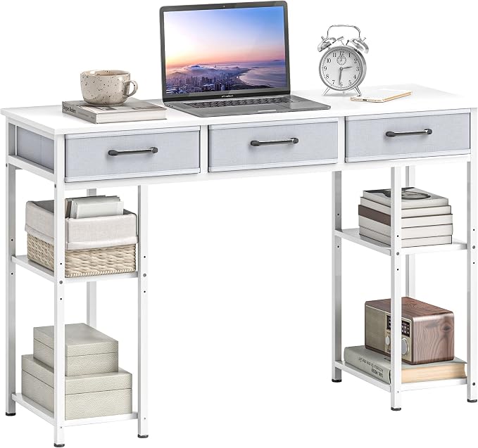HOMCOM 47" Computer Desk with 3 Fabric Drawers, Home Office Desk with Adjustable Shelves, Small Writing Desk with Storage, White