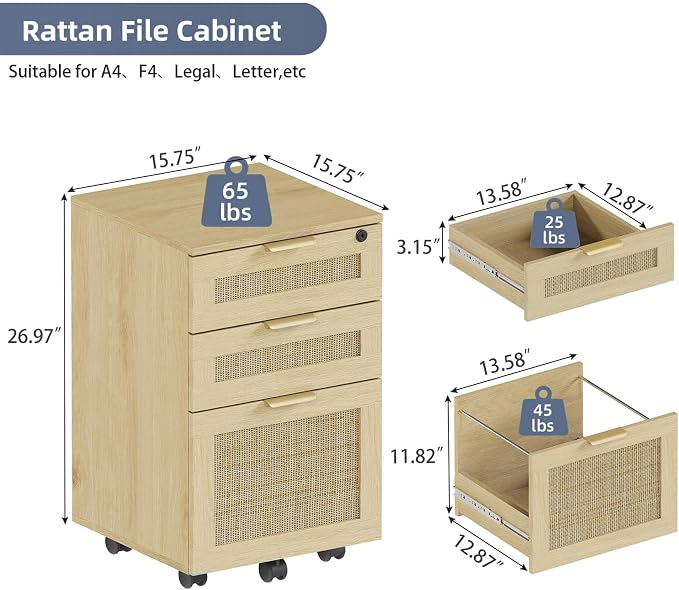 Lateral File Cabinets for Home Office, 3 Drawer Filing Cabinet with Lock, Rattan Filing Organization Storage Cabinets with Printer Stand for Hanging Files/Letter/Legal/A4/F4 Size, Natural Wood