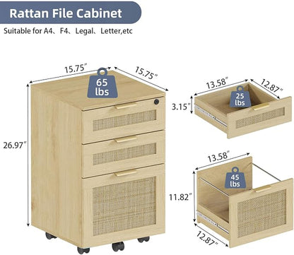 Lateral File Cabinets for Home Office, 3 Drawer Filing Cabinet with Lock, Rattan Filing Organization Storage Cabinets with Printer Stand for Hanging Files/Letter/Legal/A4/F4 Size, Natural Wood
