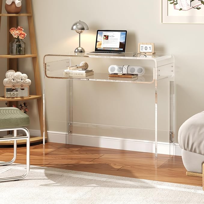 Acrylic Office Desk, Modern Laptop Writing Study Table with Open Storage, Transparent Console Entryway Table, 33.5" L x 15.8" W x 29.5" H, for Home, Bedroom (Clear)