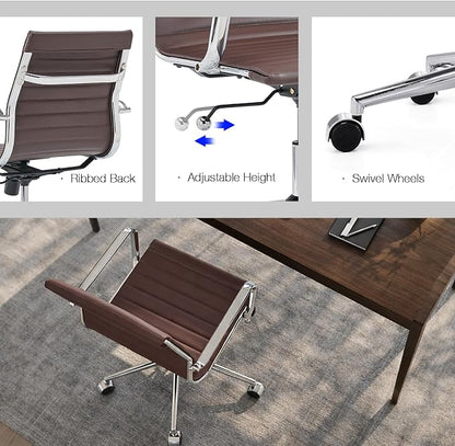 Office Chair with Arms, Brown Faux Leather Desk Chair with Ribbed Mid Back, Adjustable Height Swivel Computer Chair for Home Office, Conference Room and Reception