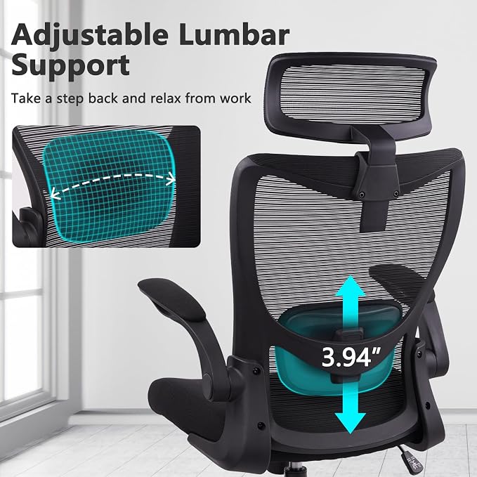 CLATINA Heavy Duty Ergonomic Mesh Office Chair 400LBS, Big and Tall Desk Chair with Adjustable Lumbar Support & Headrest, Flip Up Padded Arms, Swivel Computer Chair for Home, Conference, Black, 4 PACK
