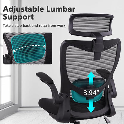 CLATINA Heavy Duty Ergonomic Mesh Office Chair 400LBS, Big and Tall Desk Chair with Adjustable Lumbar Support & Headrest, Flip Up Padded Arms, Swivel Computer Chair for Home, Conference, Black, 4 PACK