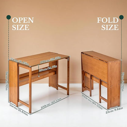 41'' Bamboo Folding Desk with Bookshelf, Space-Saving Computer Desk, Mid Century Modern Foldable Study Table for Home Office, Bedroom, Small Spaces - Brown