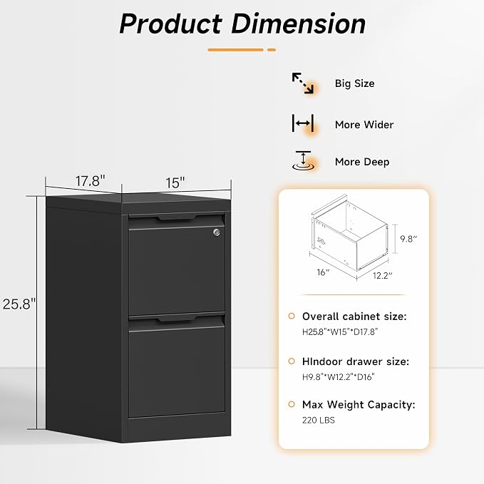 Bestoo File Cabinet, 2 Drawer Filing Cabinet with Lock, Vertical Filing Storage Cabinet for Home Office, Metal File Cabinets, Office Storage Cabinet for Letter, Legal, A4, File Folders