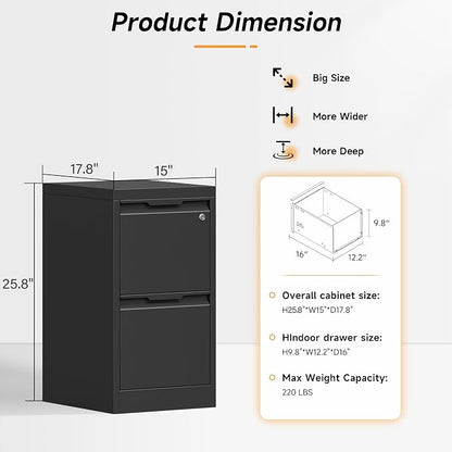 Bestoo File Cabinet, 2 Drawer Filing Cabinet with Lock, Vertical Filing Storage Cabinet for Home Office, Metal File Cabinets, Office Storage Cabinet for Letter, Legal, A4, File Folders