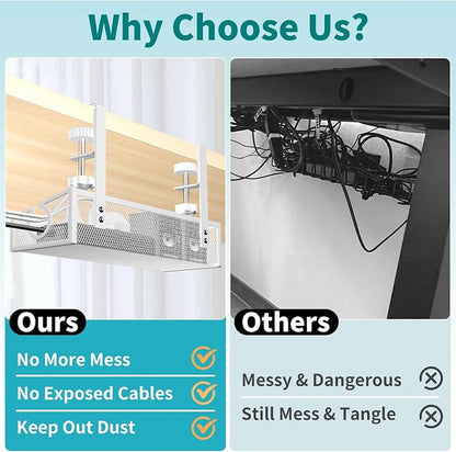 Under Desk Cable Management Tray White, No Drill Desk Cable Management Organizer with Clamp for Desk Wire Management, PC Cord Organizer Accessories & Workspace Organizers for Office, Home