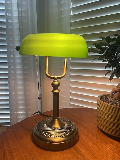 Green Glass Bankers Desk Lamp with Pull Chain Switch Plug in Fixture