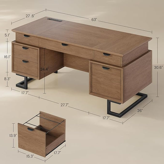 63" Executive Desk with Charging Station, Large Home Office Desks with 6 Drawers and 2 Storage Cabinets, File Drawer, Keyboard Tray, Privacy Panel, Desk Grommet, U-Shaped Metal Legs for Work and Study