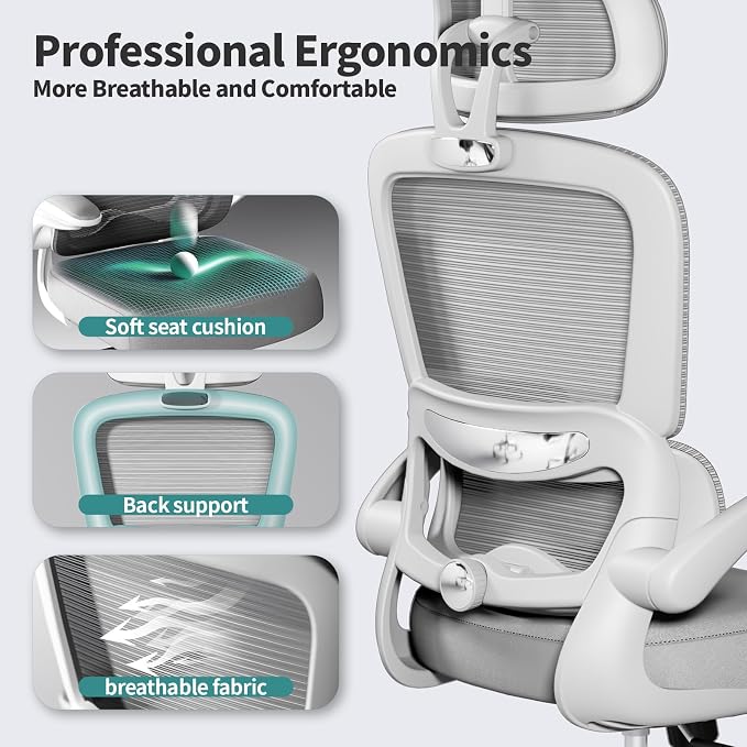 TRALT Office Chair Ergonomic Desk Chair, 330 LBS Home Mesh Office Desk Chairs with Wheels, Comfortable Gaming Chairs (Light Grey)