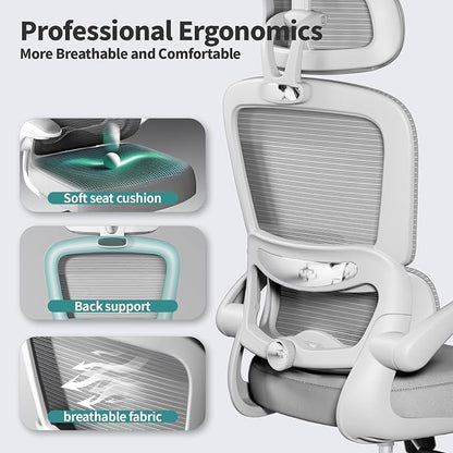 TRALT Office Chair Ergonomic Desk Chair, 330 LBS Home Mesh Office Desk Chairs with Wheels, Comfortable Gaming Chairs (Light Grey)