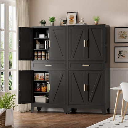 Metal Storage Cabinets with Drawer, 71" Filing Cabinet with 4 Adjustable Shelves & 4 Doors, Modern Abstract Rhombus Geometric Design File Cabinet for Home,Office,Garage,Shop,School, Black