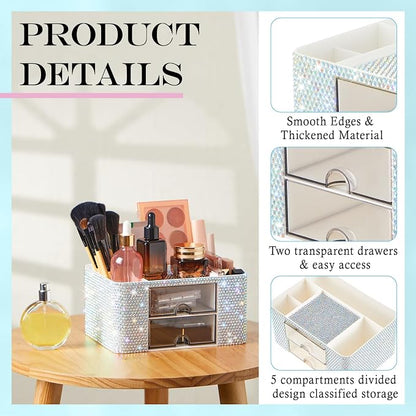 MotiMind Silver Bling Desk Organizer with 2 Drawer, Sparkly Makeup Organizer for Vanity, Girly Desk Accessories, Rhinestone Pen Holder, Elevate Your Workspace with Silver Serenity (Diamond)