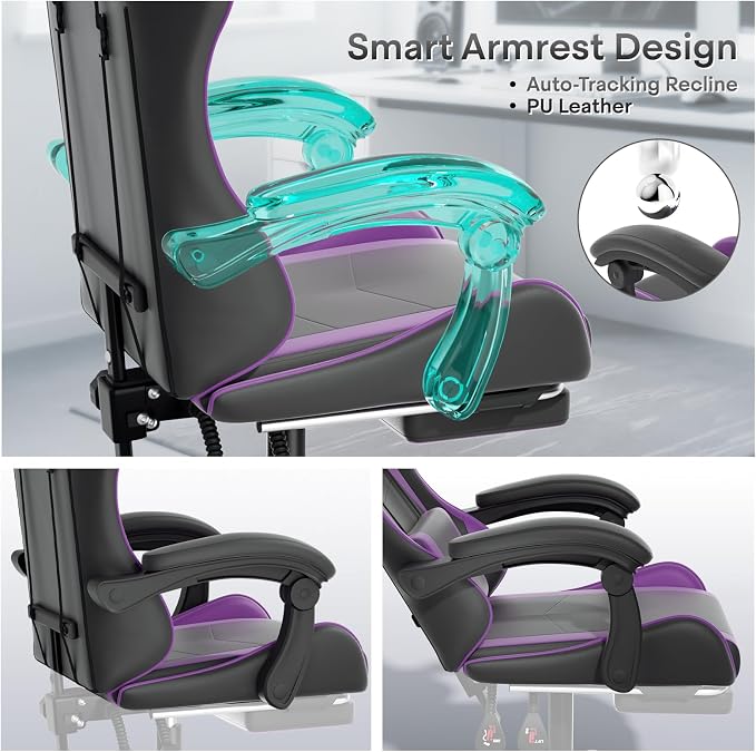 Athena Collection Gaming Chair, Ergonomic Gaming Chair with Footrest & Headrest Lumbar Support, Height Adjustable Swivel Computer Chair Office Chair for Adults(Purple)