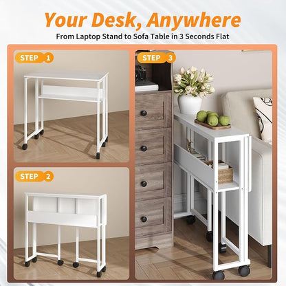 24.8" Folding Rolling Desk with Storage Shelf, Small Foldable Computer Table on Wheels for Home Office & Small Spaces, Portable Workstation with Brakes, White