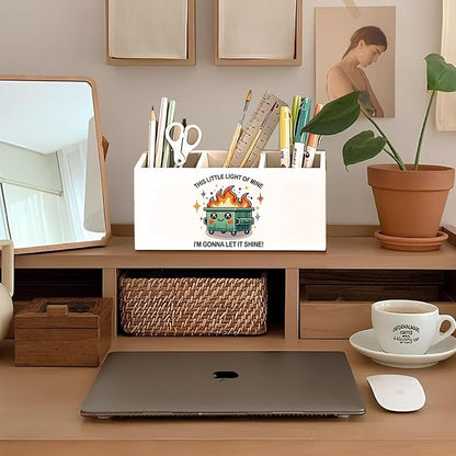 Funny Dumpster Fire Pen Pencil Holder for Desk, Coworker Gifts for Women Men, Dumpster Fire Gifts, This Little Light of Mine Wooden Box Sign Decorations for Office Workplace Desk Tabletop